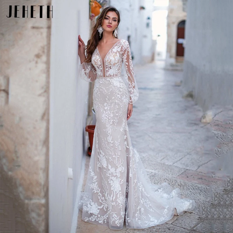 

JEHETH Charming Mermaid Wedding Dress Sexy Backless V-neck Tulle Bridal Gown Classic Long Sleeve Lace Appliques vestido de novia