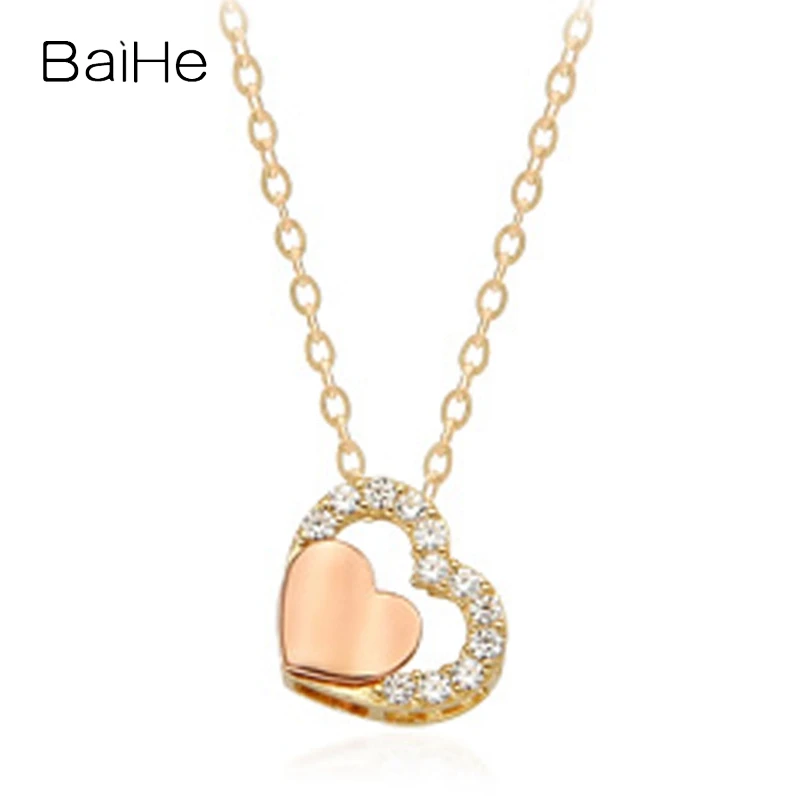 

BAIHE Solid 14K Yellow Rose Gold H/SI Natural Diamond Heart Pendant Necklace Women Birthday Fine Jewelry Making হার্ট নেকলেস