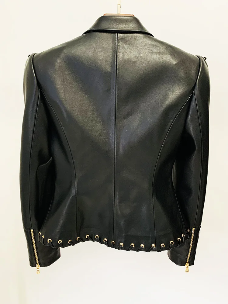 HIGH QUALITY Newest Fashion 2024 Designer Jacket Women's Rope Lacing Up Slim Fitting Leather Blazer 3