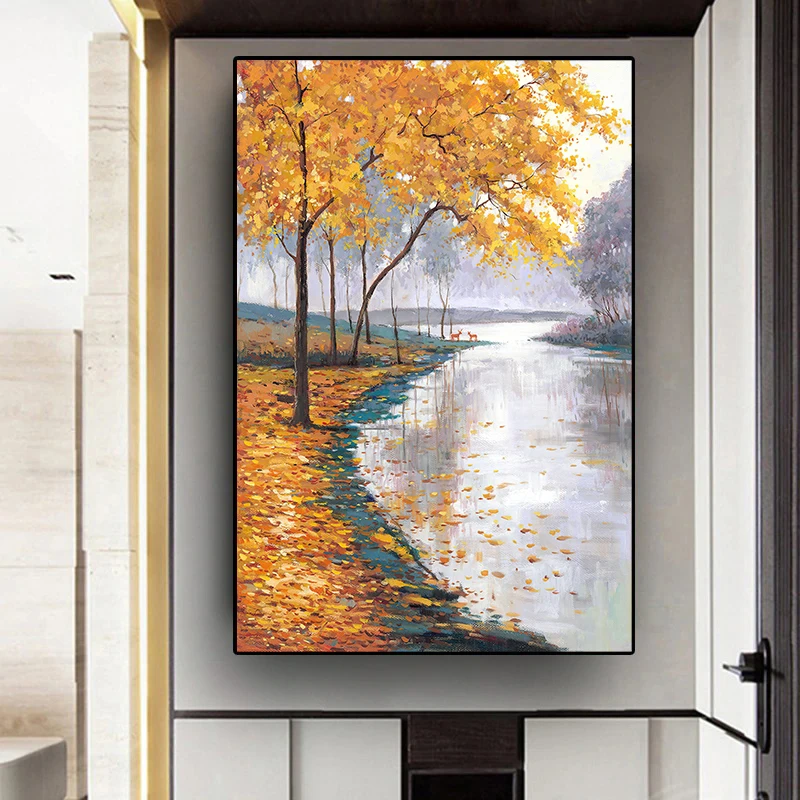 

Абстрактная Осенняя масляная живопись, принт на холсте, золотые и желтые опавшие листья, плакаты и принты для крыльца, коридора, настенное искусство, декор комнаты