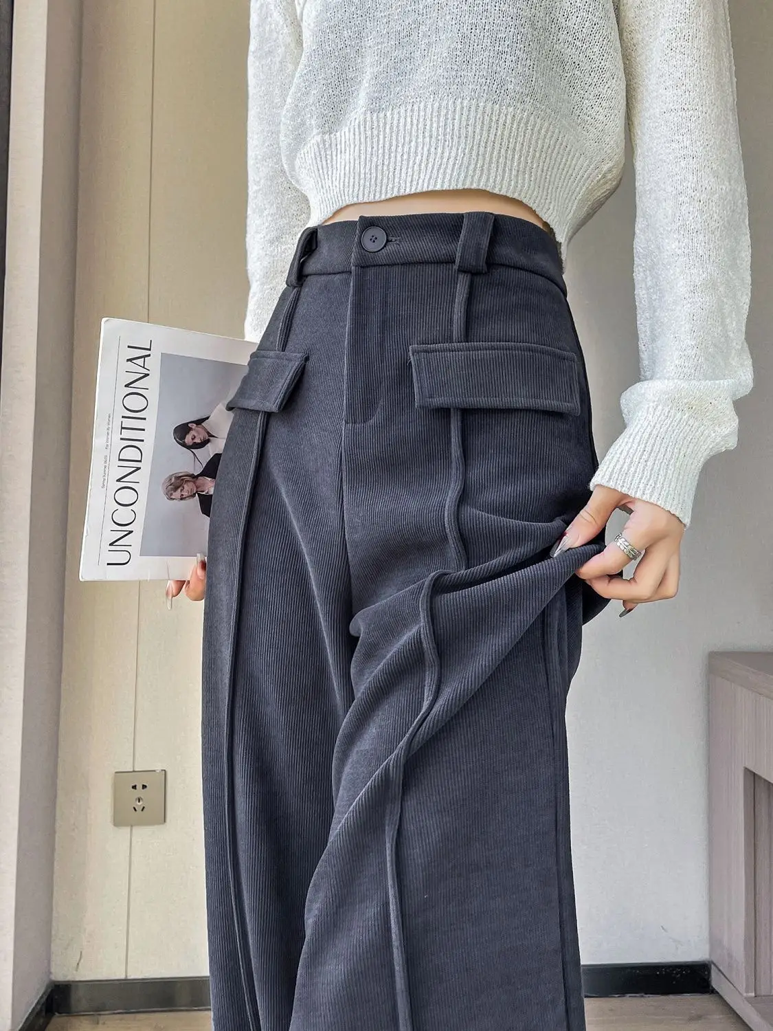 Wide Leg Pants Women Hight Waist Vintage Straight Casual Pants Fashion Pocket Draped Suit Streetwear Trousers