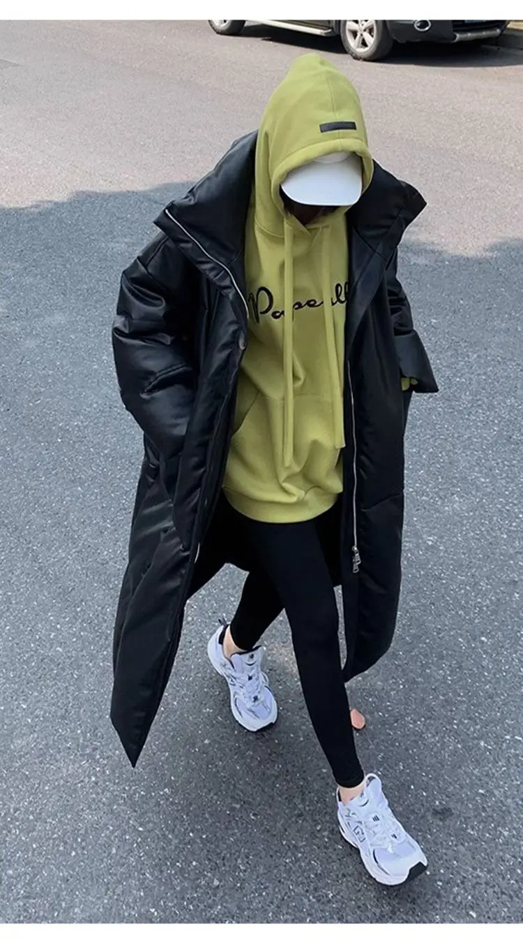 Winter Long Pu Leather Down Jacket Female Black Thick Warm Cotton Parka Outwears Women White Duck Down Knee Length Down Jackets
