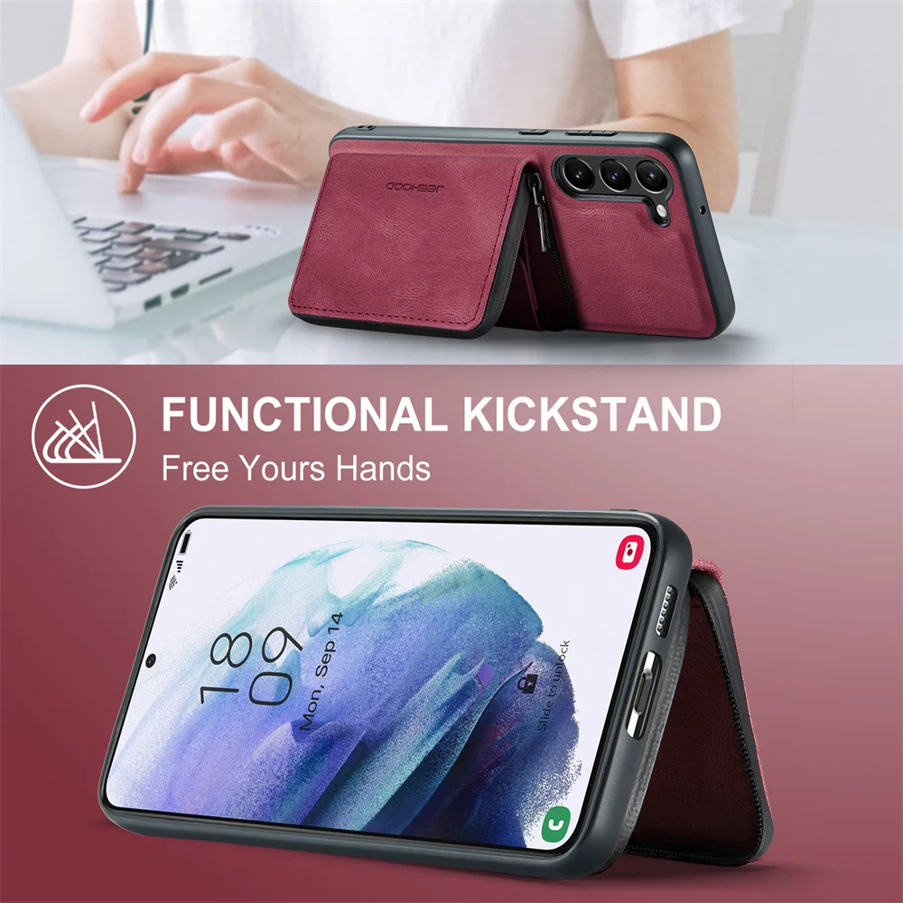 JEEHOOD Luxury Detachable Zipper Purse Card Bag Wallet Case for Galaxy A12 A13 A14 A22 A32 A35 A42 A51 A52 A53 A54 A55 A72 A73