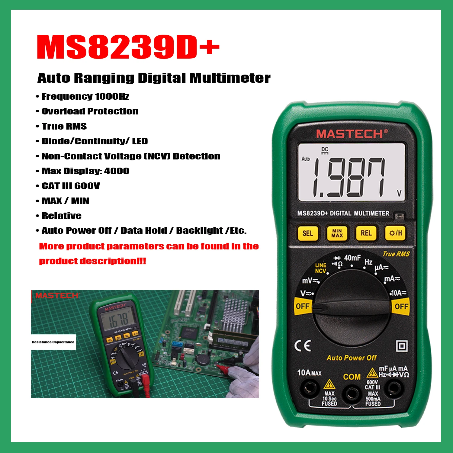 

Цифровой Мультиметр MASTECH MS8239D + MS8239T, профессиональный Прецизионный мультиметр True RMS с защитой от перегрузки, максимальное/минимальное значение