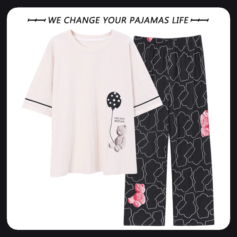 

Korean Cotton Women's Home Suit Short Sleep Tops Full Length Pant Pajamas Set Female Girl Homewear Pijamas Suit Sleepwear Drop
