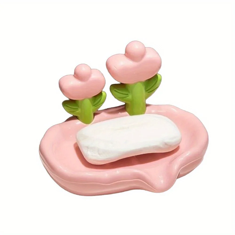 Floral Soap Box Flower Shaped Bathroom Decor Plastic Soap Holder with Drain Holes Portable Soap Dish for Sink Storage​