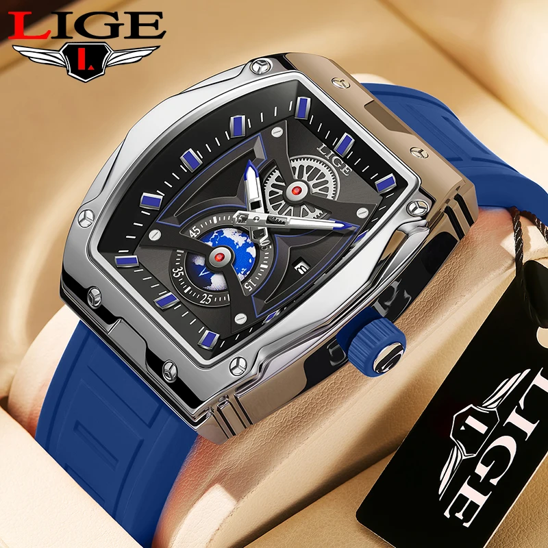 LIGE Top Brand Luxury Square Quartz Watch for Men Silicone Fashion Man Watches Military Waterproof Casual Sport Wristwatch Clock