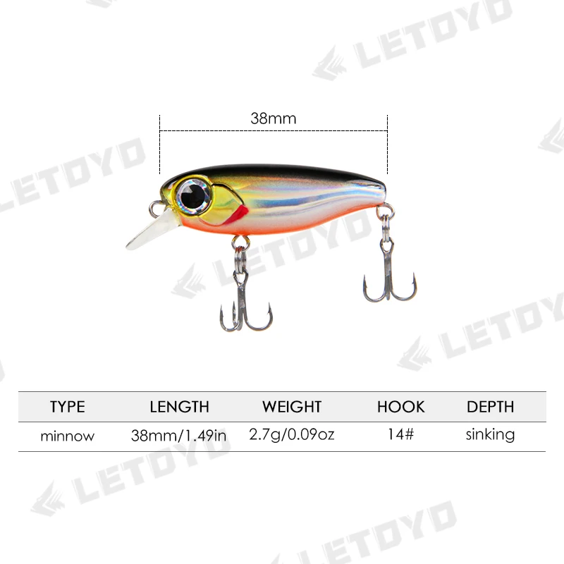 LETOYO, 38mm 2.7g, Mini leurre méné rigide coulant et lent, suspendre l'appât, appât artificiel de type wobbler idéal pour la pêche en mer, au bar ou à la carpe