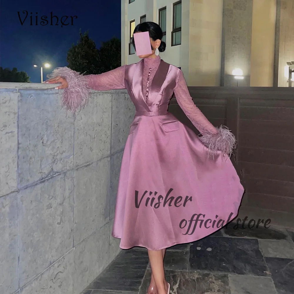 

Viisher Lavender A Line Prom Party Dresses Feather Long Sleeve Saudi Arabic Evening Dress Tea Length Dubai Formal Event Dress