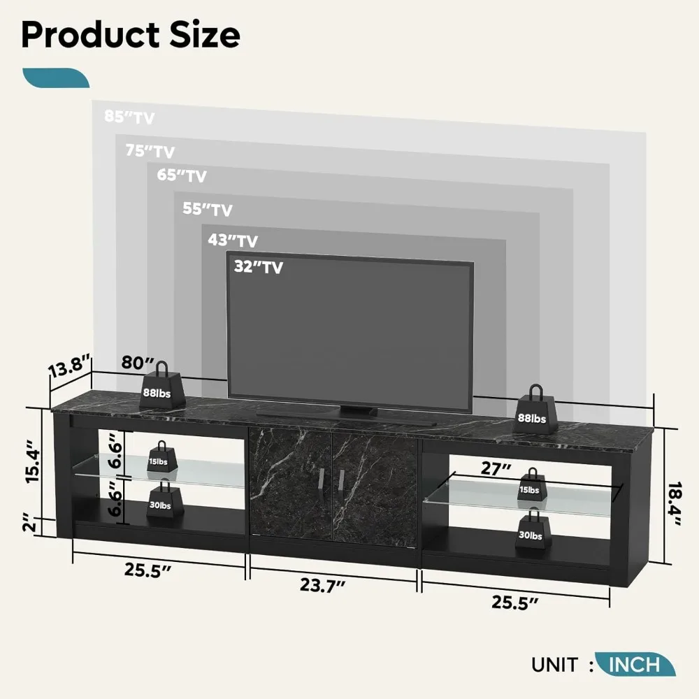 TV Stand for 75/85/86 inch TVs, LED Gaming Entertainment Center for PS5 with Storage Cabinet &Adjustable Glass Shelves 2