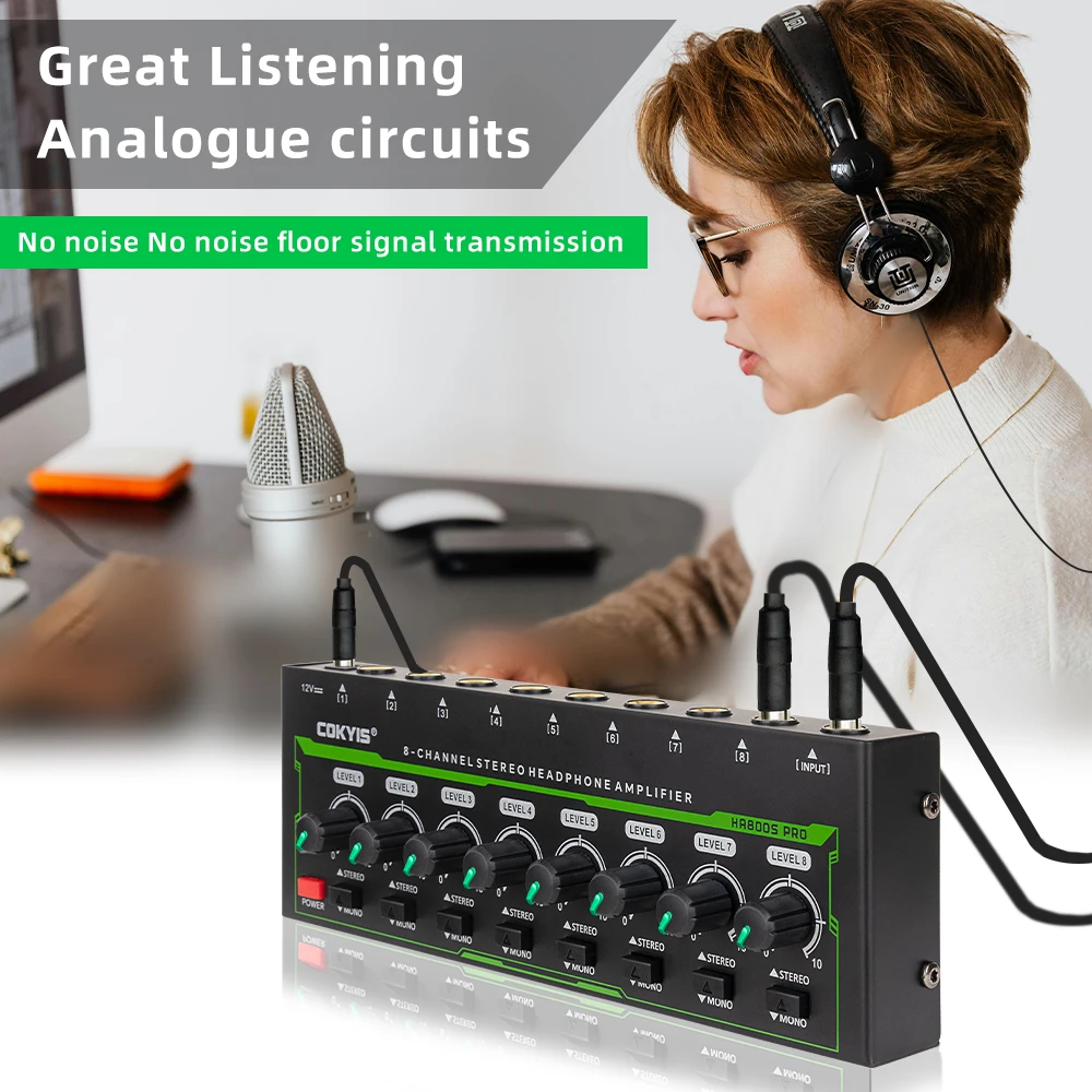 HA800 PRO 8 Channel Headphone Amplifier Audio Amp Ultra-Compact Stereo Audio Amplifier With Power Adapter for Music Mixer