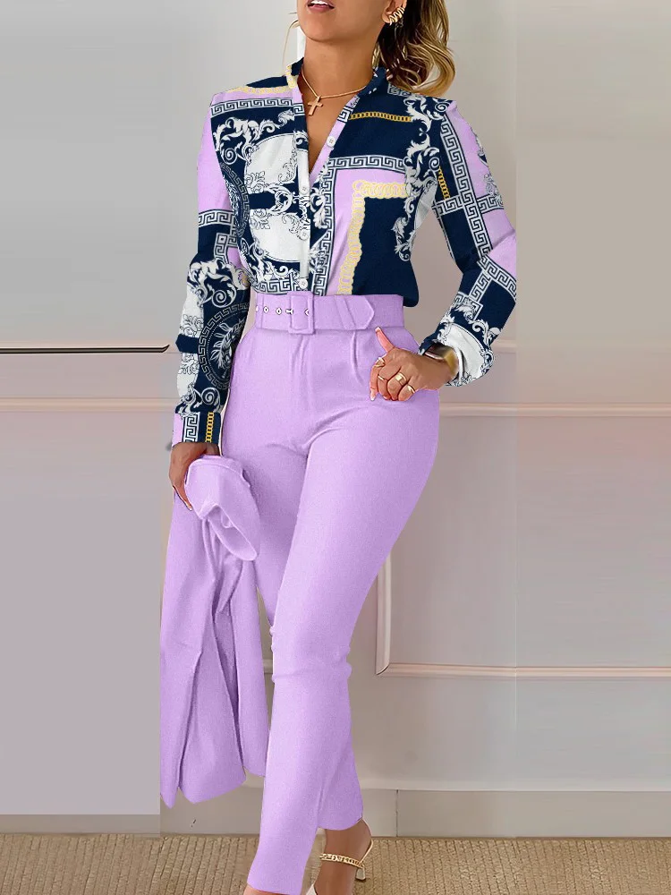Spring Autumn Fashion Print 2 Piece Sets 2023 Women Casual Button Long Sleeve Shirt Pants Suits Female V-Neck Top Pants Outifits