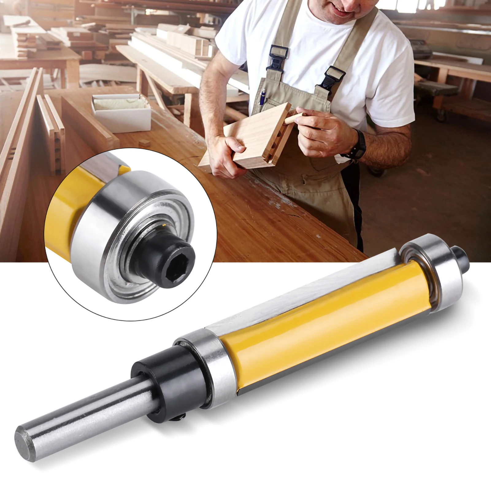 Flush Trim Router Bit 1‑1/2inch H * 1/4inch Shank with Top and Bottom Bearing Woodworking Tool Straight flush trim router bit