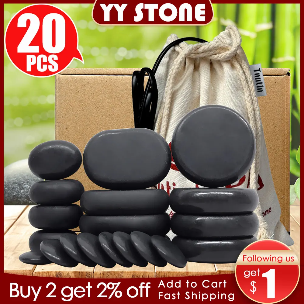 Tontin 20 Pz/Set Hot Stone Massage Set Riscaldatore Box Alleviare Lo Stress Mal Di Schiena Assistenza Sanitaria Lava Basalto Round Massage Tool Stones