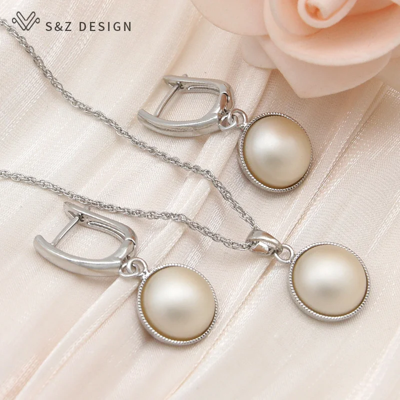 S&Z DESIGN New Fashion Round Simulated-pearl Dangle Earrings Jewelry Sets For Women 585 Rose Gold Color Pendant Necklace