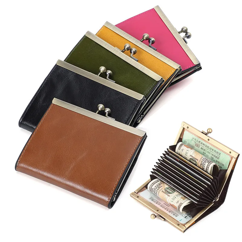 

Genuine Leather Vintage Oil Wax Women Men Wallets Female Coin Money Purse Bag Hasp Clutch Organ ID Credit Card Holder Clip