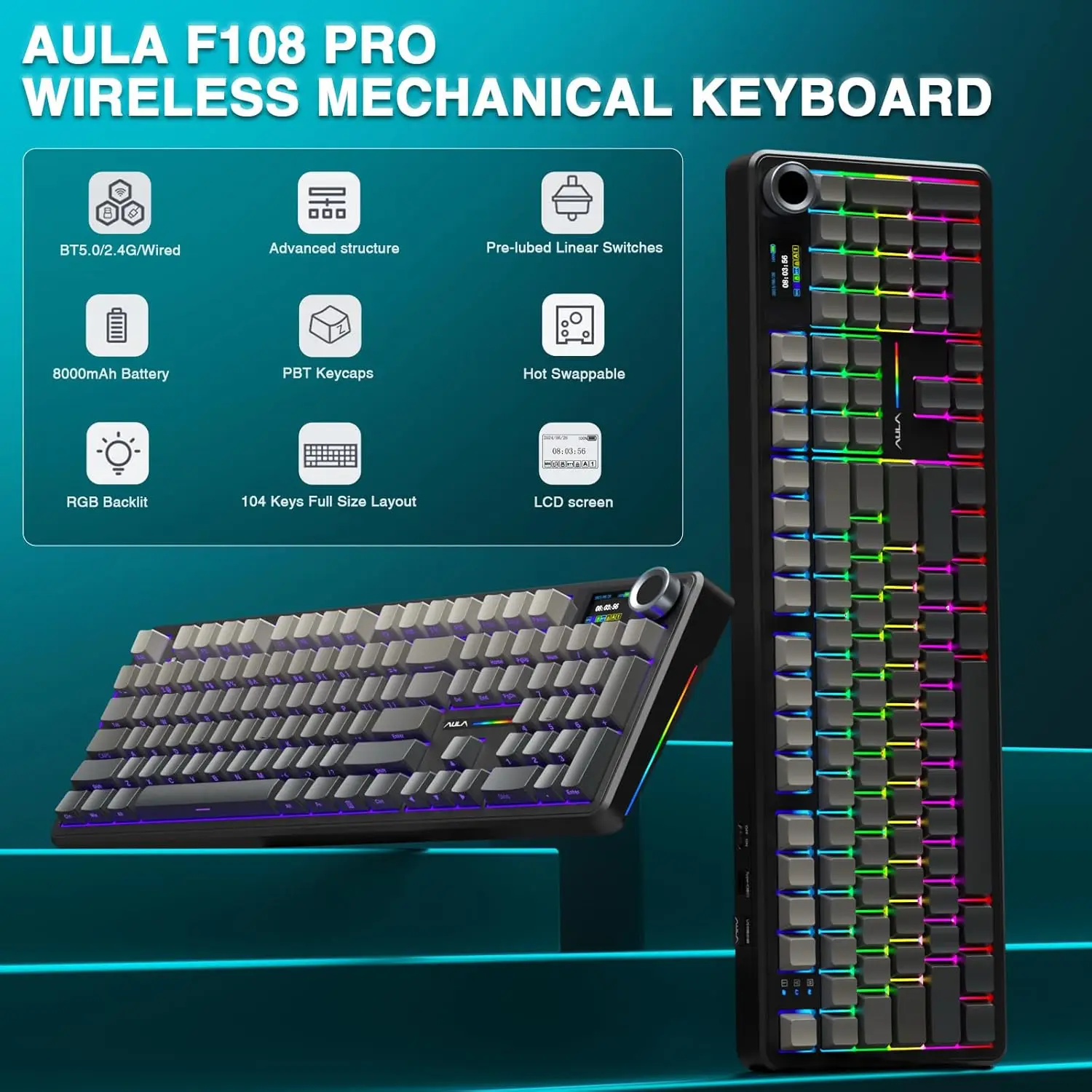 AULA F108 PRO 무선 기계식 키보드 (스크린 노브 포함) 풀 사이즈 8000mAh 배터리 RGB 백라이트 핫스왑 가능 게이밍 키보드