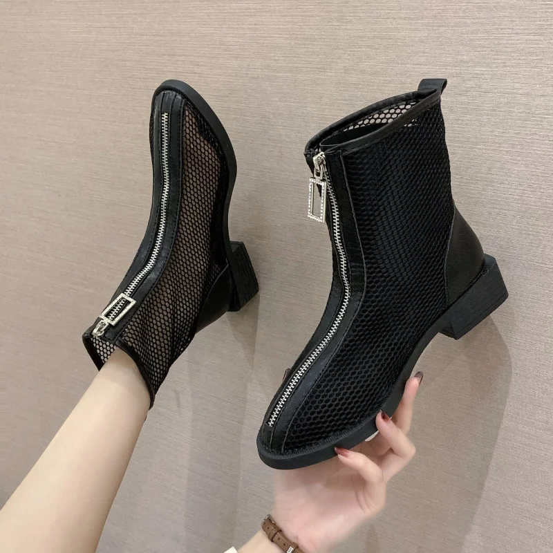 

Plus Size Summer Shoes Women Boots 2023 Fashion Mesh Hollow Breathable Women Ankle Boots Zipper Chunky Heel Ladies Short Boots