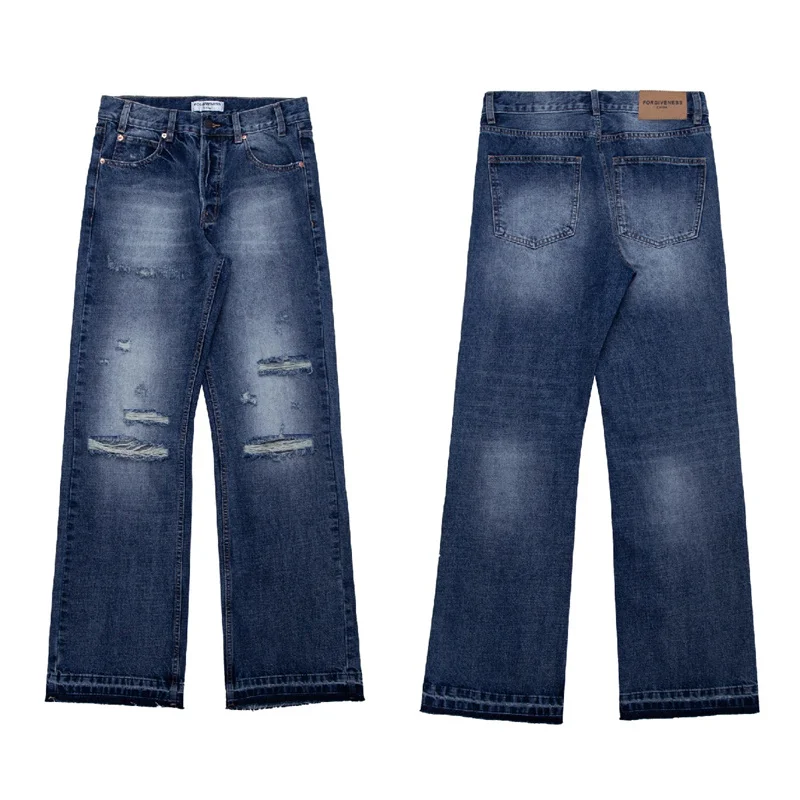 

2023 Water Wash Knife Cut Hole Worn Jeans Men Women Straight Tube Four Seasons Casual Pants