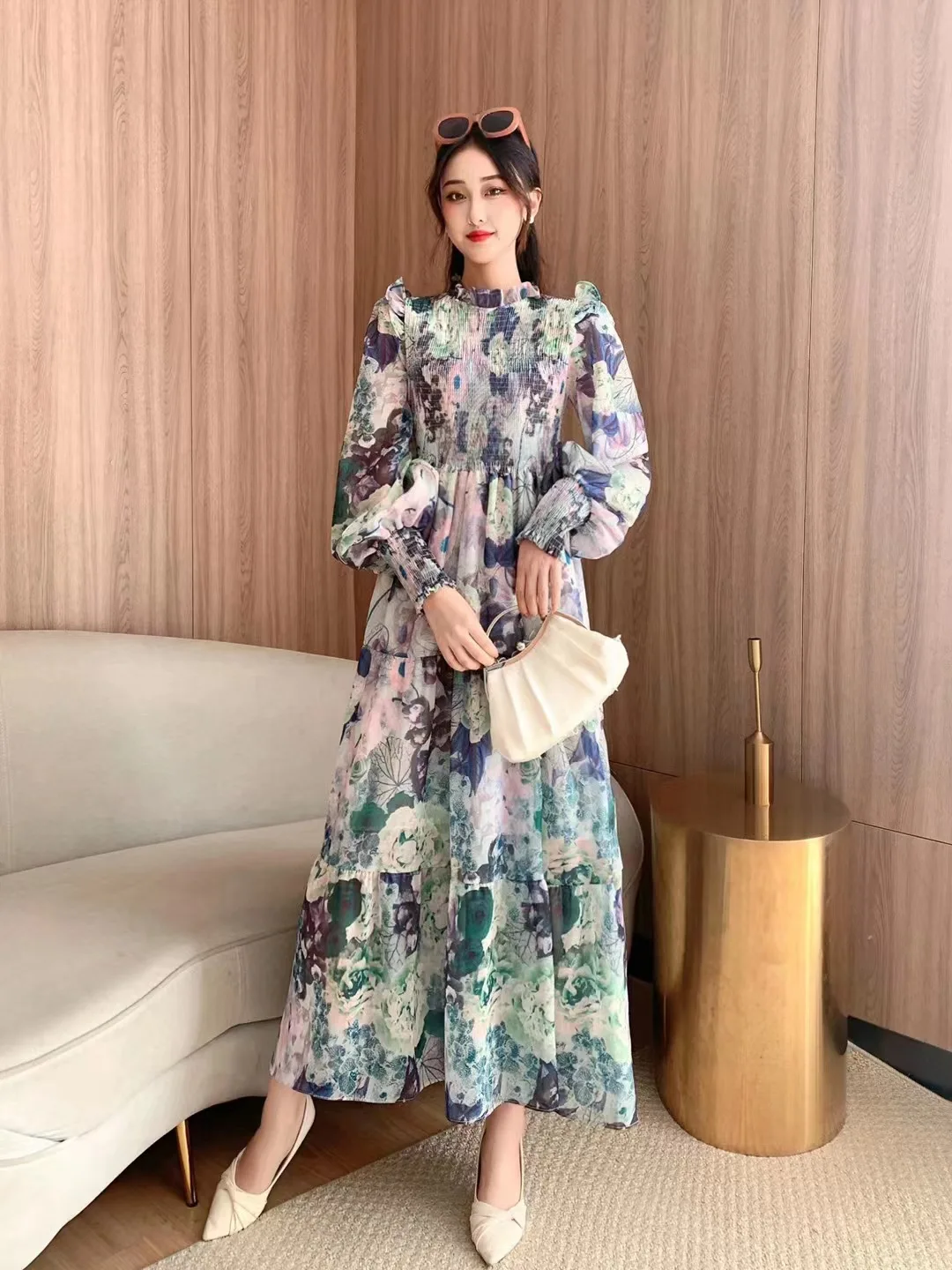 2024 Muslim Turkey Spring Autumn Women Long Sleeve Dress Sweet Flowers Print  Chiffon Long Dress Holiday Dress