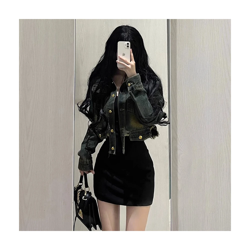 Denim Jacket Women's Blue Short Fashion Loose Casual Washed Cotton American Retro Autumn and Winter High Sense Versatile Top 1Pc