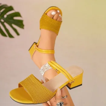 Women's Knitted Block Heel Mules Elegant Open Toe Sandals Fashion Summer Slide Shoes Comfortable Slip-on Mid Heel Ladies Slides 1