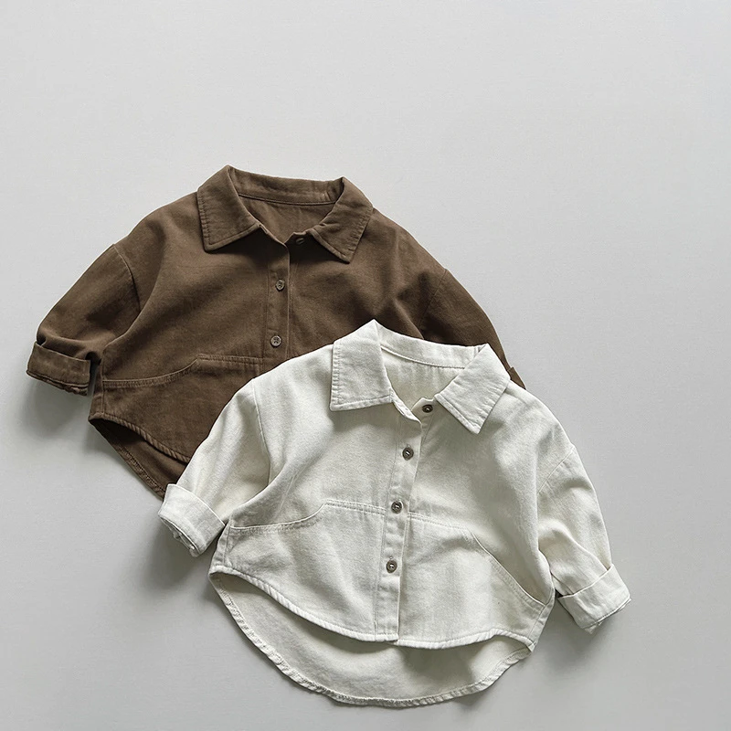 

Boys autumn solid color cotton shirts Kids turn-down collar long sleeve casual shirt jacket