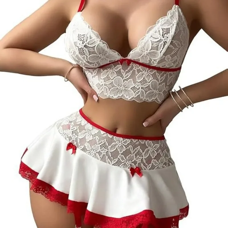 Sexy Christmas Gift Women Cosplay Costume Transparent Lace Lingerie Underwear Red White Dress Erotic Set