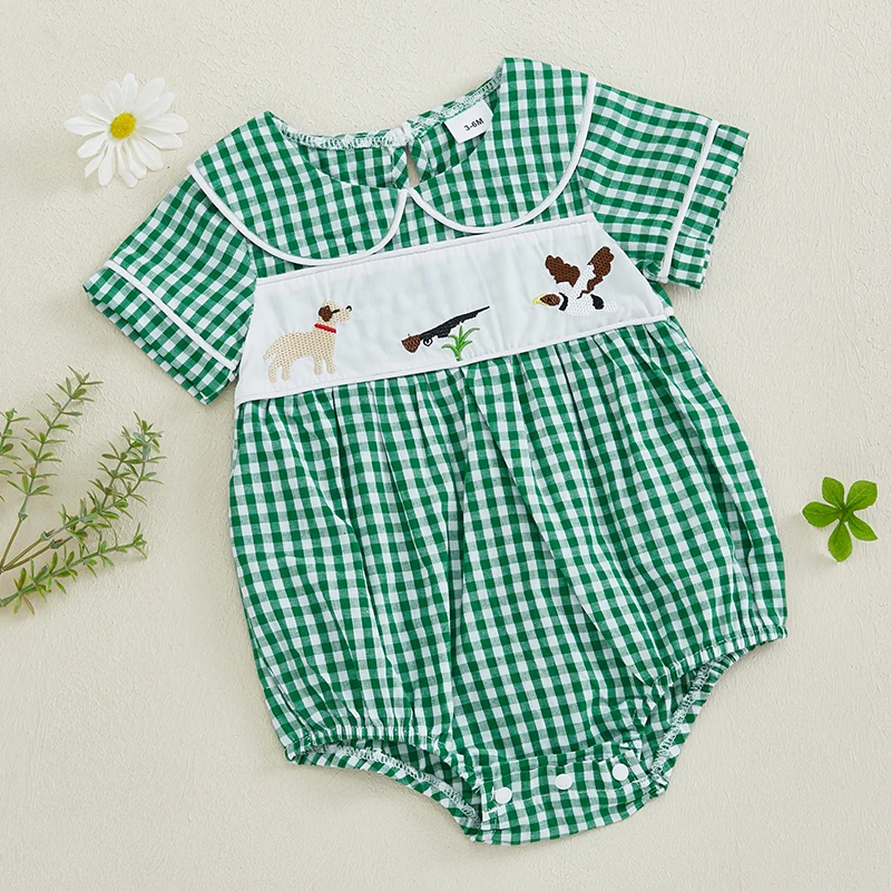 Baby Girl Embroidered Romper - Peter Pan Collar Long Sleeve Plaid Bubble Bodysuit