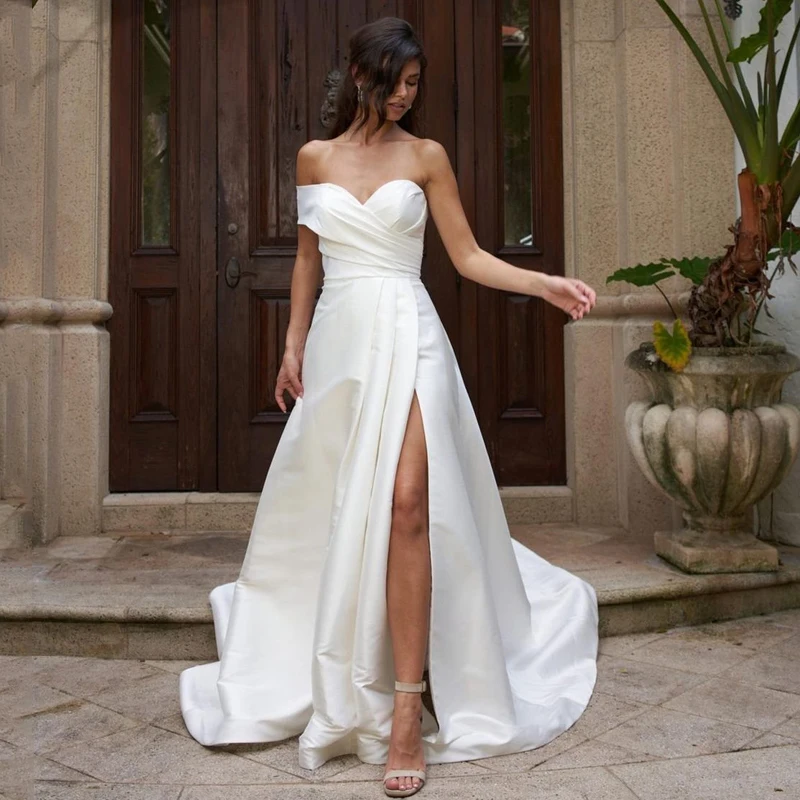 

Eightre White 2022 Wedding Dresses Off The Shoulder Satin Bride Dress Bobo Beach A-Line Side Slit Wedding Evening Gown Plus Size