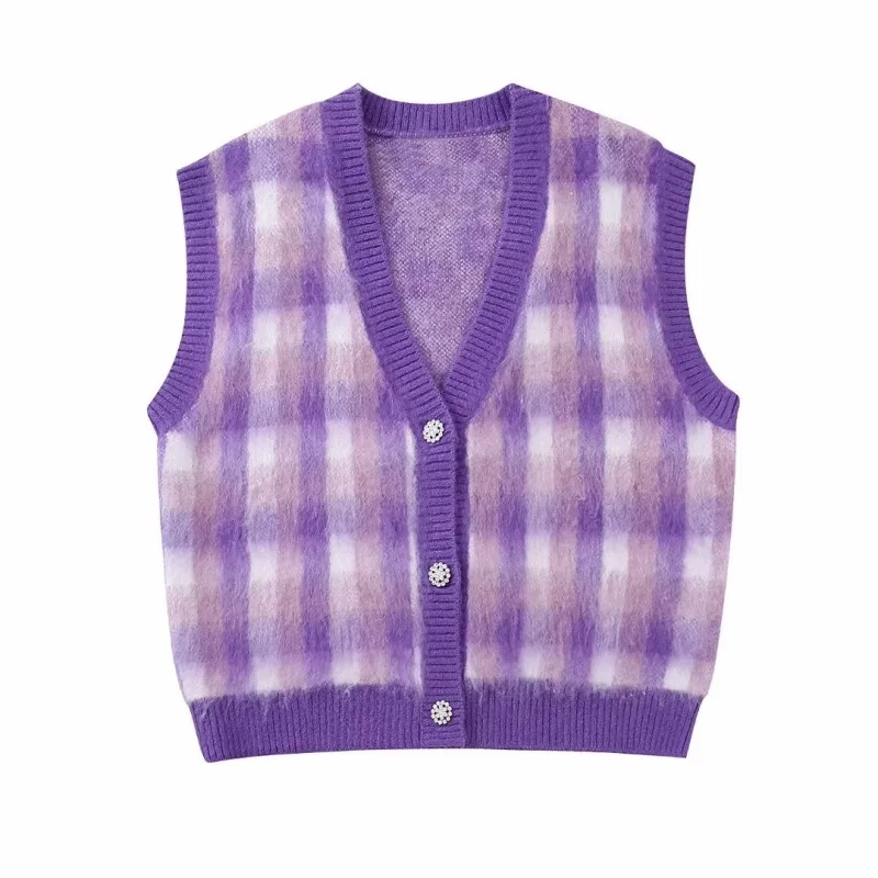 

New Women Artificial Jewelry Button Knit Vest Fashion V-Neck Sleeveless Relaxed Sweater Vest Fashion Warm Street Style