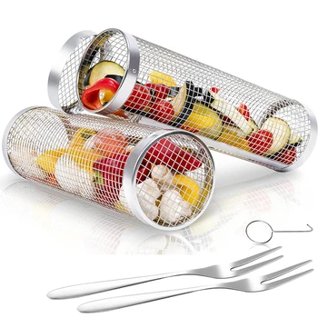 New Rolling Grilling BBQ Basket Stainless Steel Leakproof Mesh Barbecue Rack Outdoor Picnic Camping Simple Cylindrical BBQ Grill 1