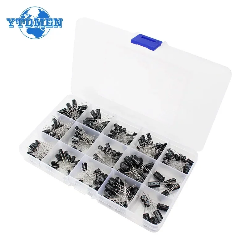 120/215pcs DIP Electrolyte Capacitor 16V 25V 50V Aluminum Electrolytic Capacitors Kit 1uF-470uF/0.1uF-330uf Capacitance with Box