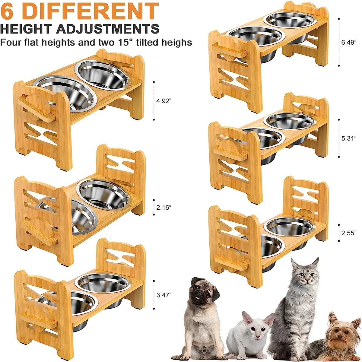 Mangiatoia Regolabile In Bambù Per Gatti E Cani - 2 Ciotole In Ceramica Da 380ml - Altezza Adjustable Per Razze Piccole - Foto 6