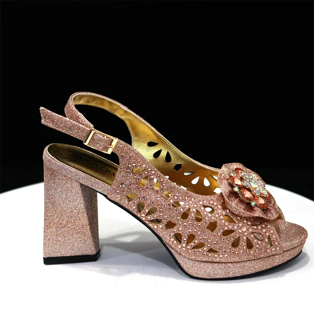 Women High Heels Sandals Printing Flower Material with Rhinestone Italian Design Champagne Color Open-Toed Shoes 4
