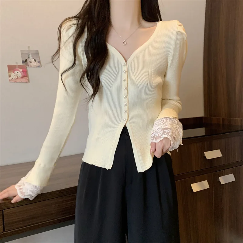 Women Long Sleeve Lace Knitted Sweater Autumn Spring Cardigan