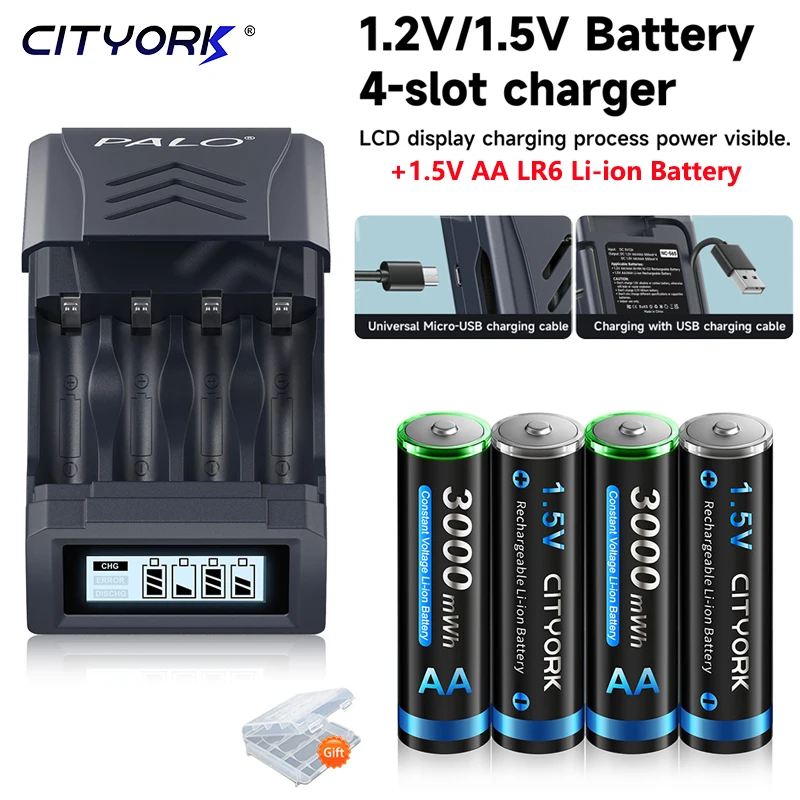 1.5V AA Литий - ионный зарядный аккумулятор HR06 Долгосрочный литий - 2A аккумулятор + 4 желоба жидкокристаллическое USB зарядное устройство для батарей 1.2V / 1.5V AA AA AA