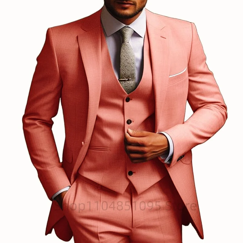 Men's Solid Color Slim Fit Formal Business Suit Wedding 3-Piece Set with Notch Lapel Blazer Vest And Trousers for Party Prom