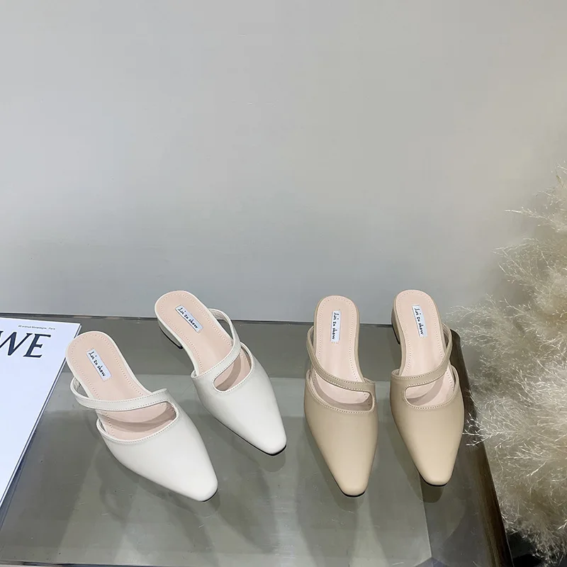 

Female Shoes Low Ladies' Slippers Cover Toe 2023 Summer Flat PU Mary Janes Slides Hoof Heels Fabric Sewing Shoes Low Slippers Wo