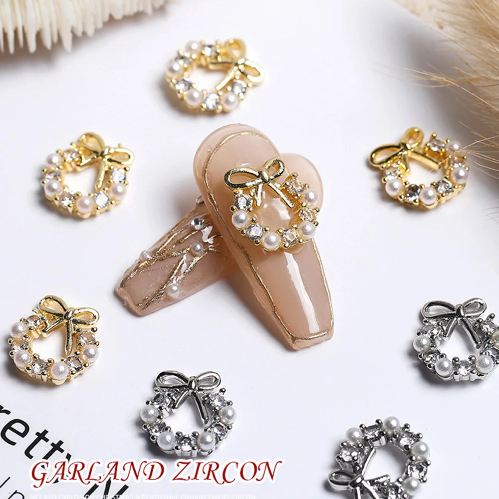 

10pcs Silver/Gold Zircon Pearls Garland Bowknot Nail Charms 10*11mm 3D Alloy Diamond Bowknot For DIY Crystal Diamond Nail Bow