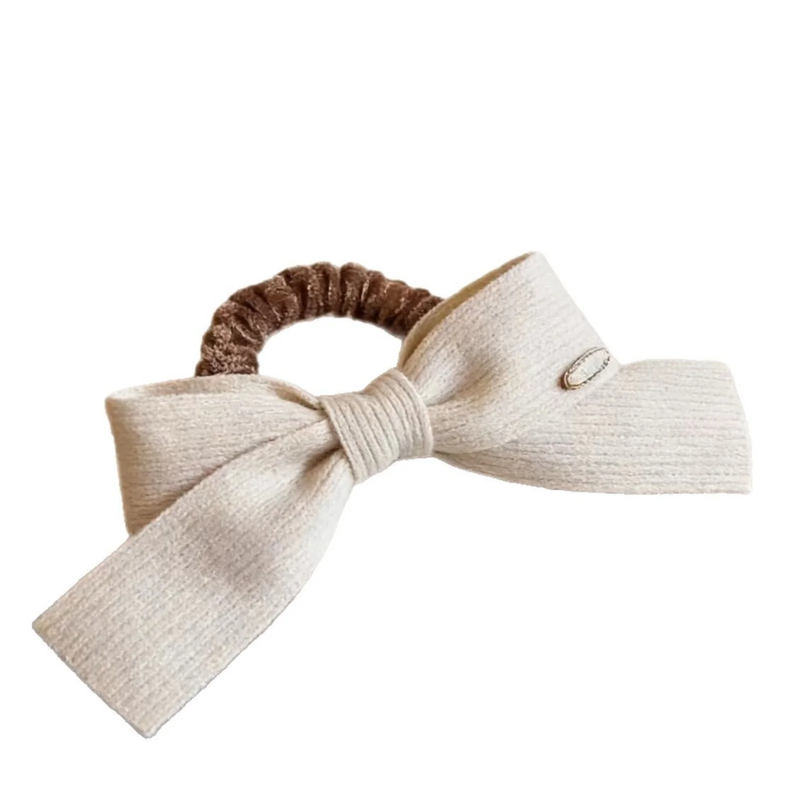 1 Stück neutrale Strick-Haargummis mit Schleife, gerippte Haargummis in Beige, Braun und Grau mit Metalletikett, minimalistischer Haarschmuck im Ins-Stil – Detail 8