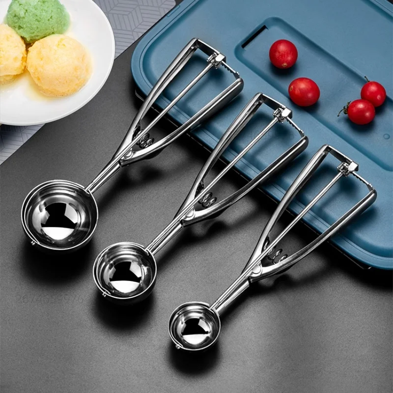 Stainless Steel Ice Cream Scoop Spring Handle Mash Potato Watermelon Ball Scoop Ice Cream Mold Home Kitchen Accessories Gadgets