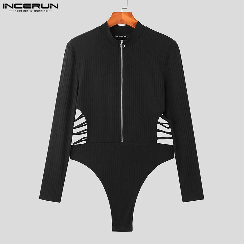 INCERUN Sexy Stylish Men\'s Bodysuits Zipper Side Waist Hollow Half High Neck Rompers Knitted Texture Long Sleeve Jumpsuits S-3XL