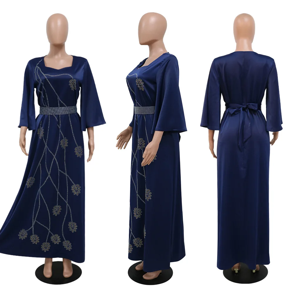 Modest Muslim Dress Abaya Dubai Leaf Diamond Party African Turkey Dresses for Women with Belt Morocco Kaftan Robe India Jalabiya