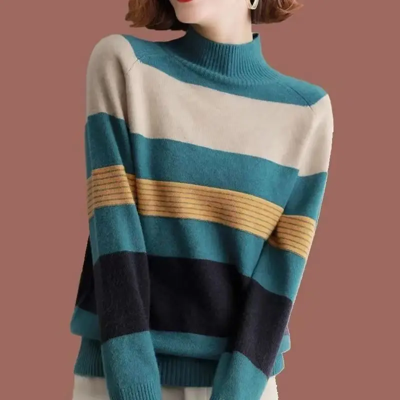 

Half High Collar Sweater For Women's New Fashion Casual Loose Striped Women's Sweater Autumn And Winter Wear