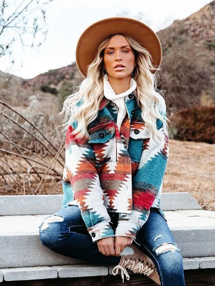 

2023 Winter Women's Vintage Geometric Print Loose Jacket Flannel Wool Shacket Long Sleeve Button Down Coat with Pockets