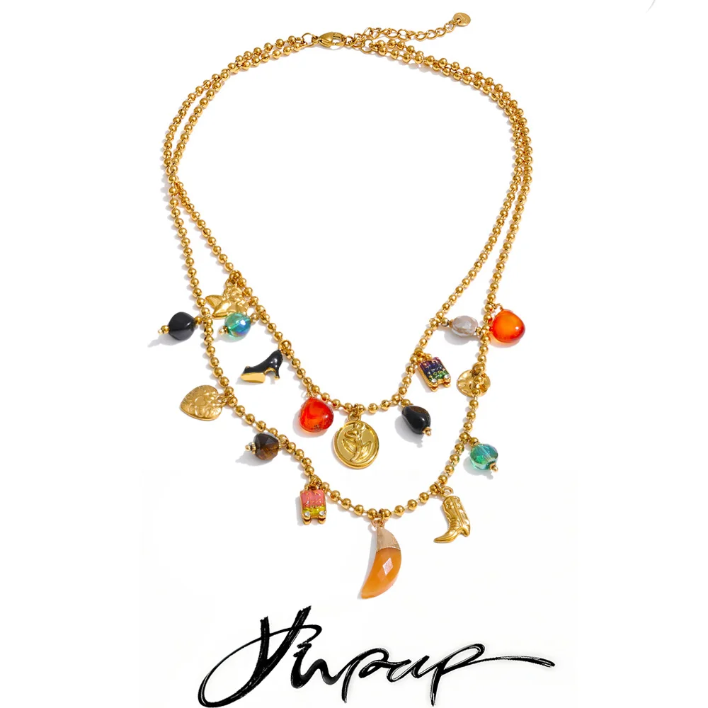 Yhpup Acrylic Heart Necklace Double-Layer Chain Jewelry