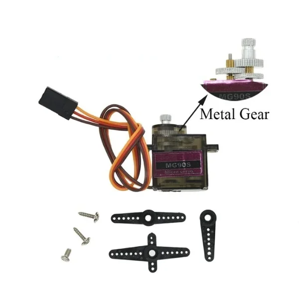 Servomoteur SG90 360° montrant les câbles et connecteurs, adapté aux projets RC.