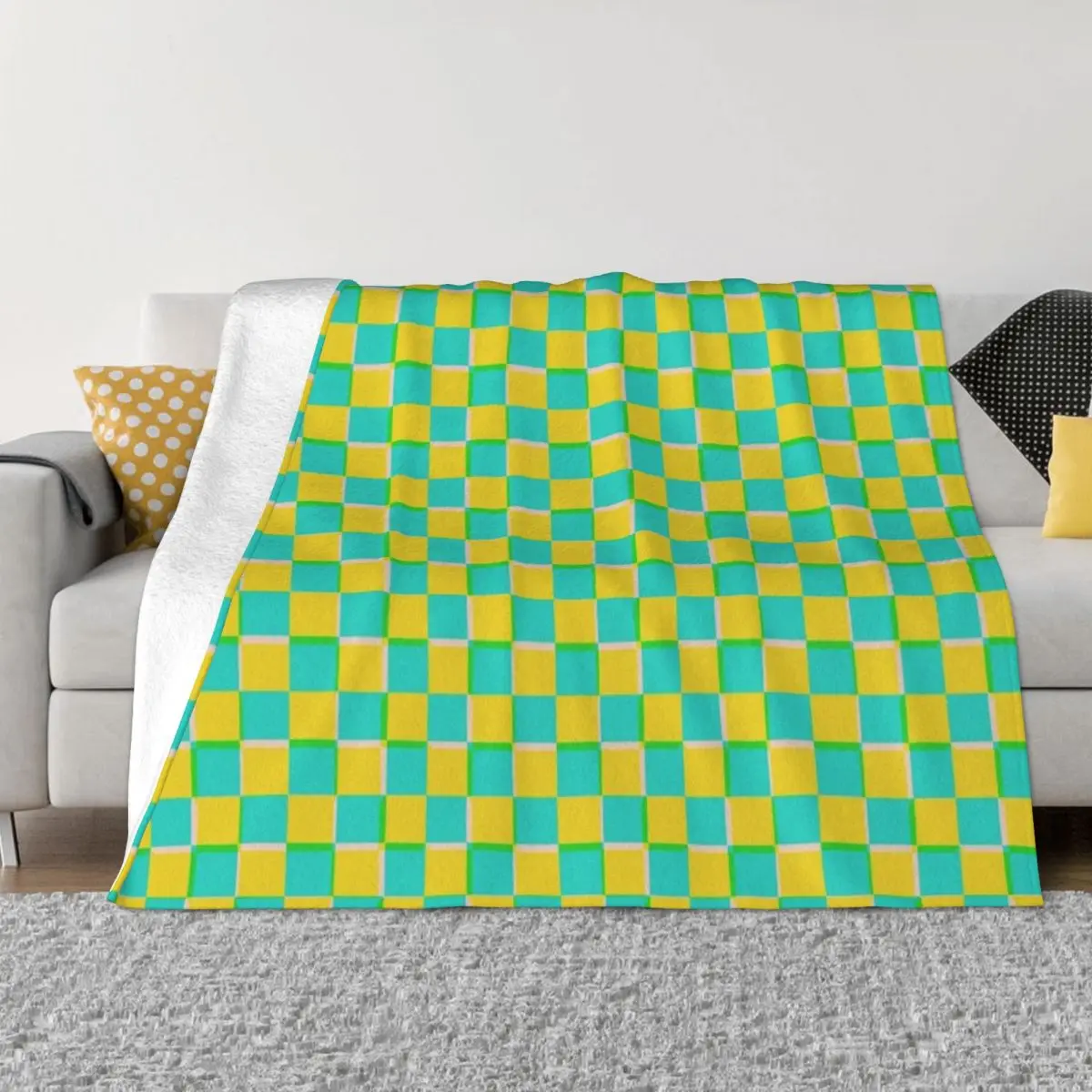 

Turquoise and Yellow Checkerboard Pattern Throw Blanket sofa bed Thin Blankets