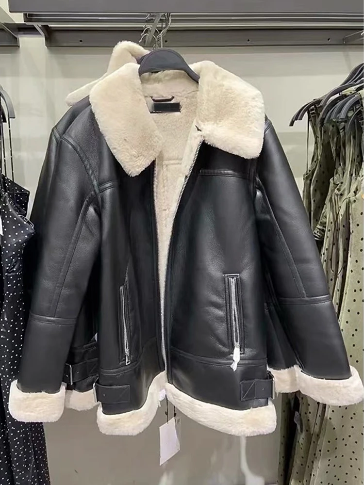 

Fitaylor New Autumn Winter Women High Streetwear Thick Warm Faux Leather Lamb Fur Jacket Lady Fashion Casual Moto Biker Pu Coats